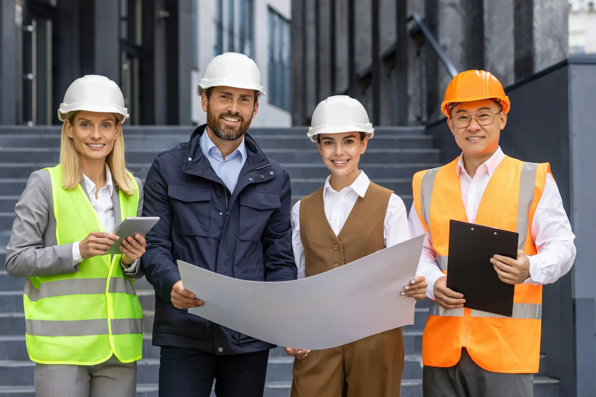 Team of architects builders, diverse group of men and women, inspecting construction stages of